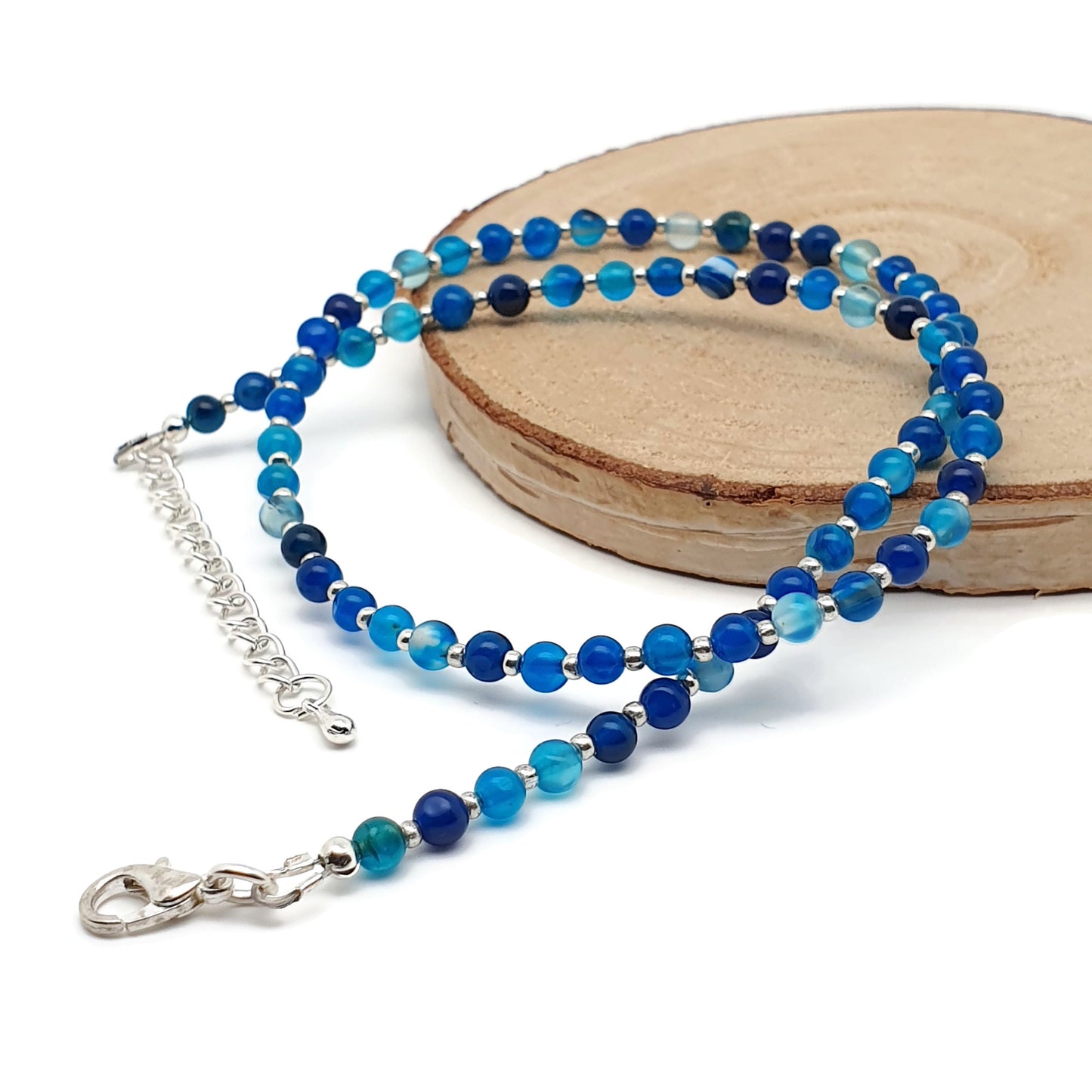 Blue Agate Beaded Collar Necklace Silver Plated