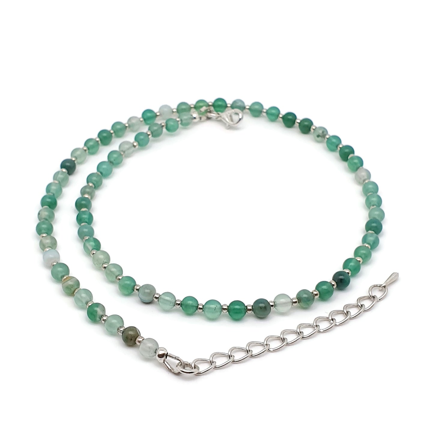 Green Agate Beaded Collar Necklace Silver Plated