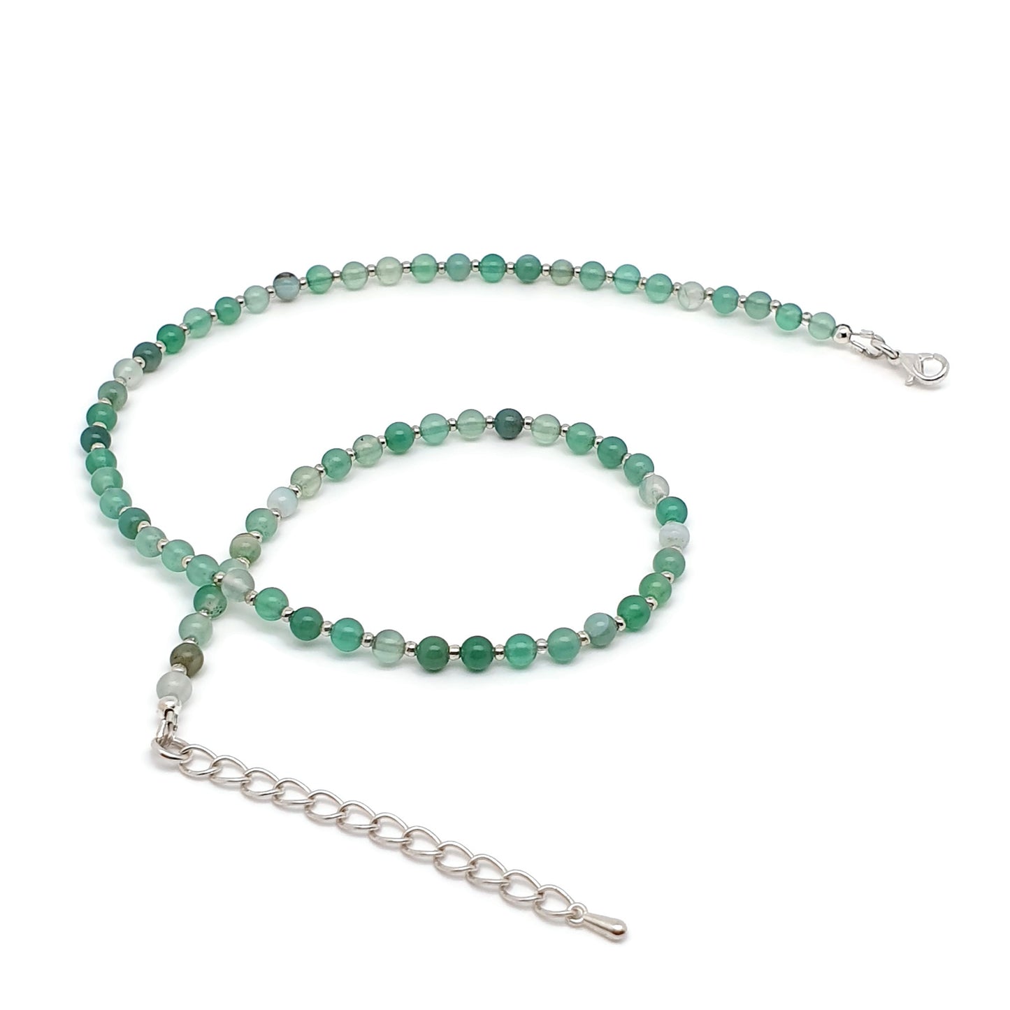 Green Agate Beaded Collar Necklace Silver Plated