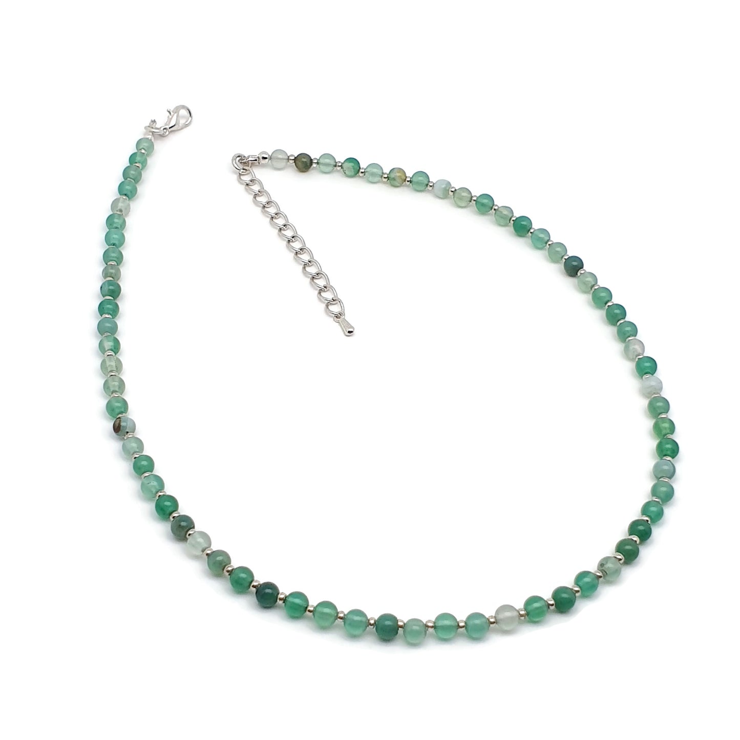 Green Agate Beaded Collar Necklace Silver Plated