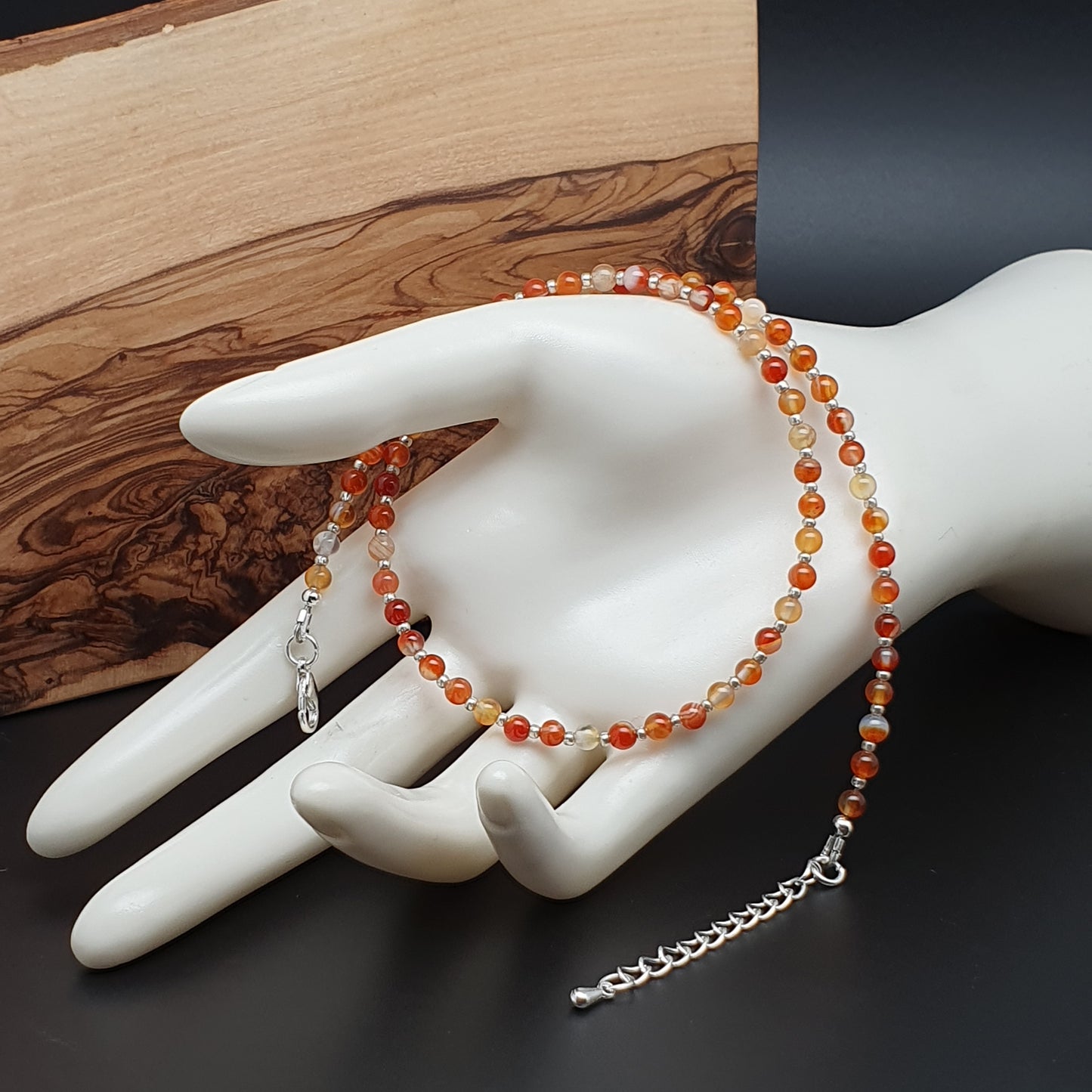 Burnt Orange Agate Beaded Collar Necklace Silver Plated