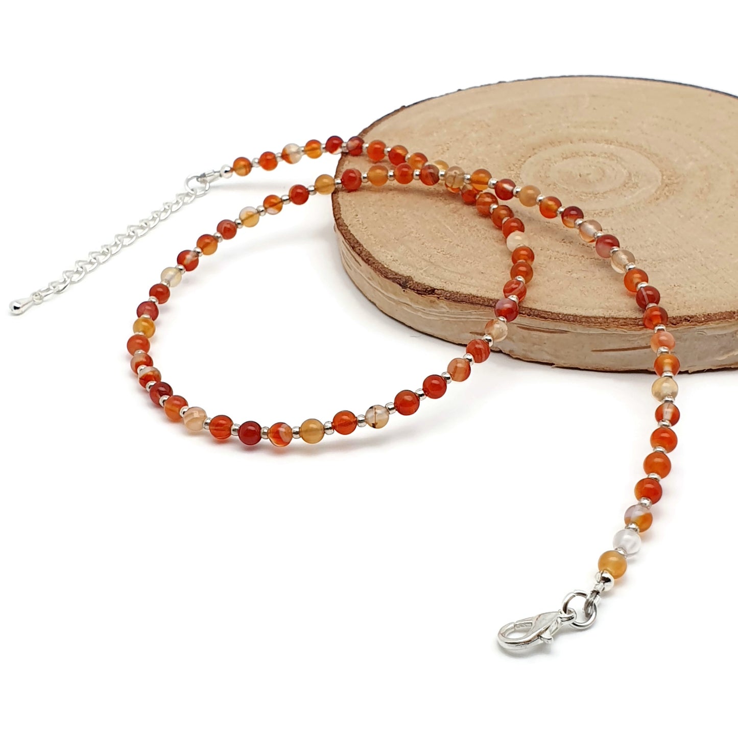 Burnt Orange Agate Beaded Collar Necklace Silver Plated