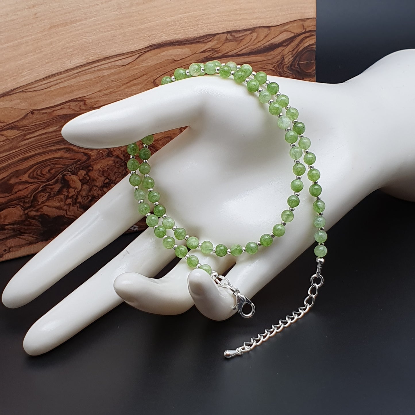 Olive Green Peridot Beaded Collar Necklace Silver Plated