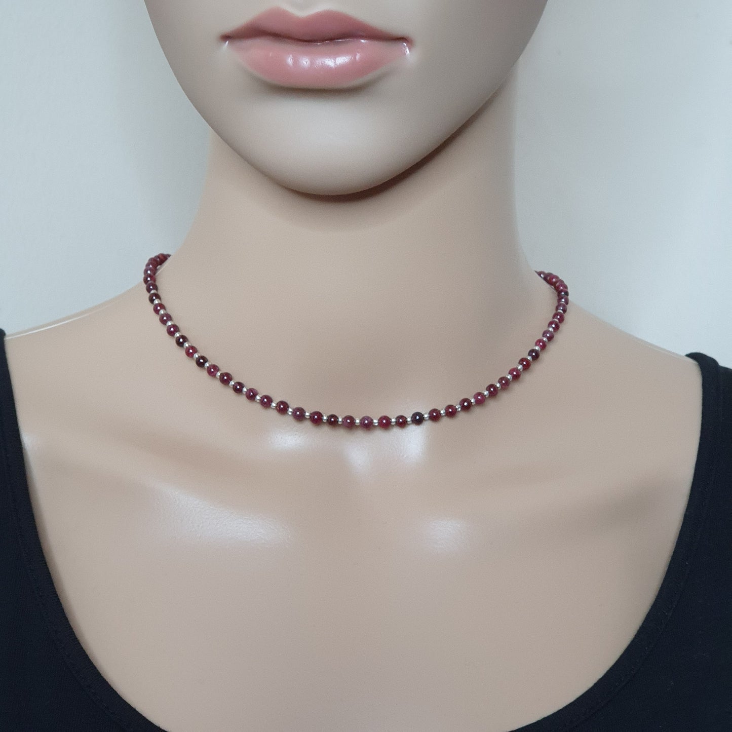 Red Garnet Beaded Necklace Adjustable 16 inch Collar Silver Plated