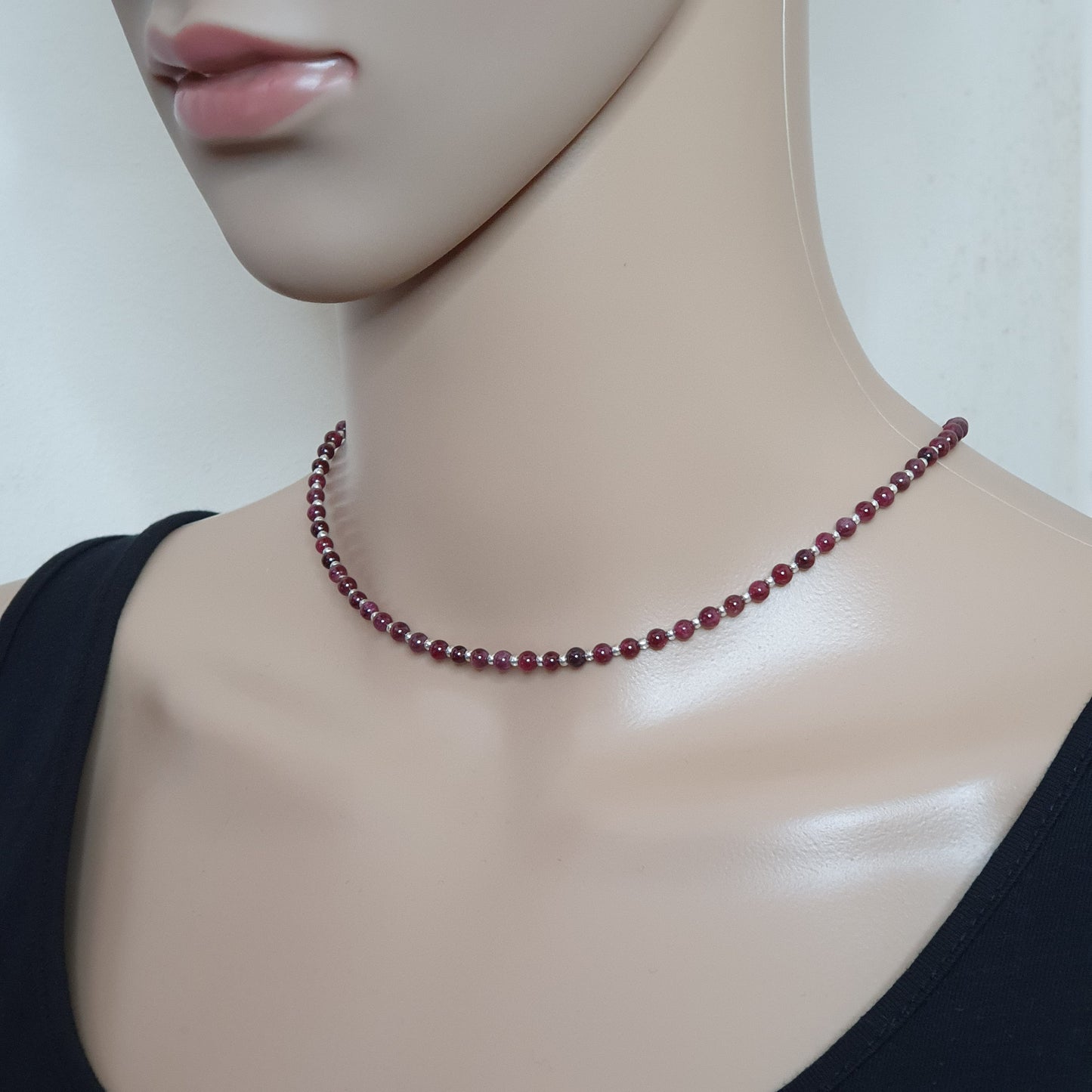 Red Garnet Beaded Necklace Adjustable 16 inch Collar Silver Plated