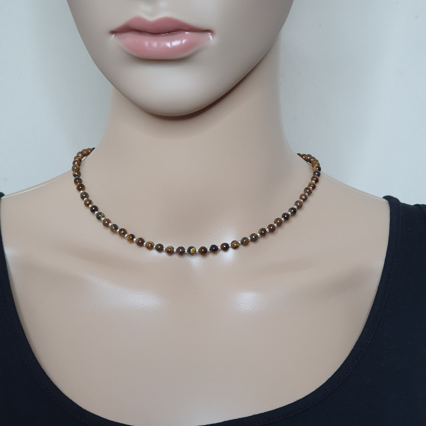 Brown Tiger's Eye Beaded Collar Necklace Silver Plated