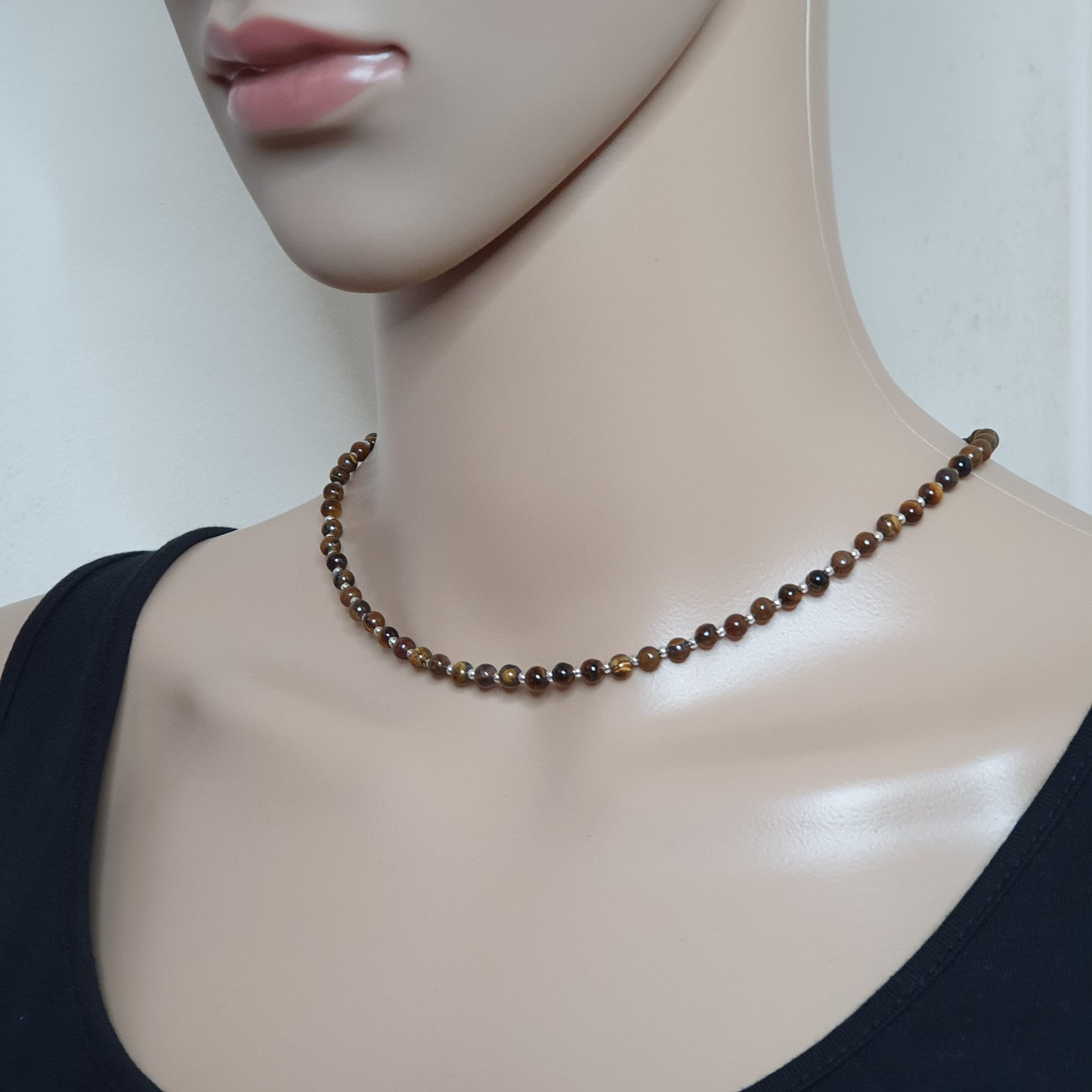 Brown Tiger's Eye Beaded Collar Necklace Silver Plated