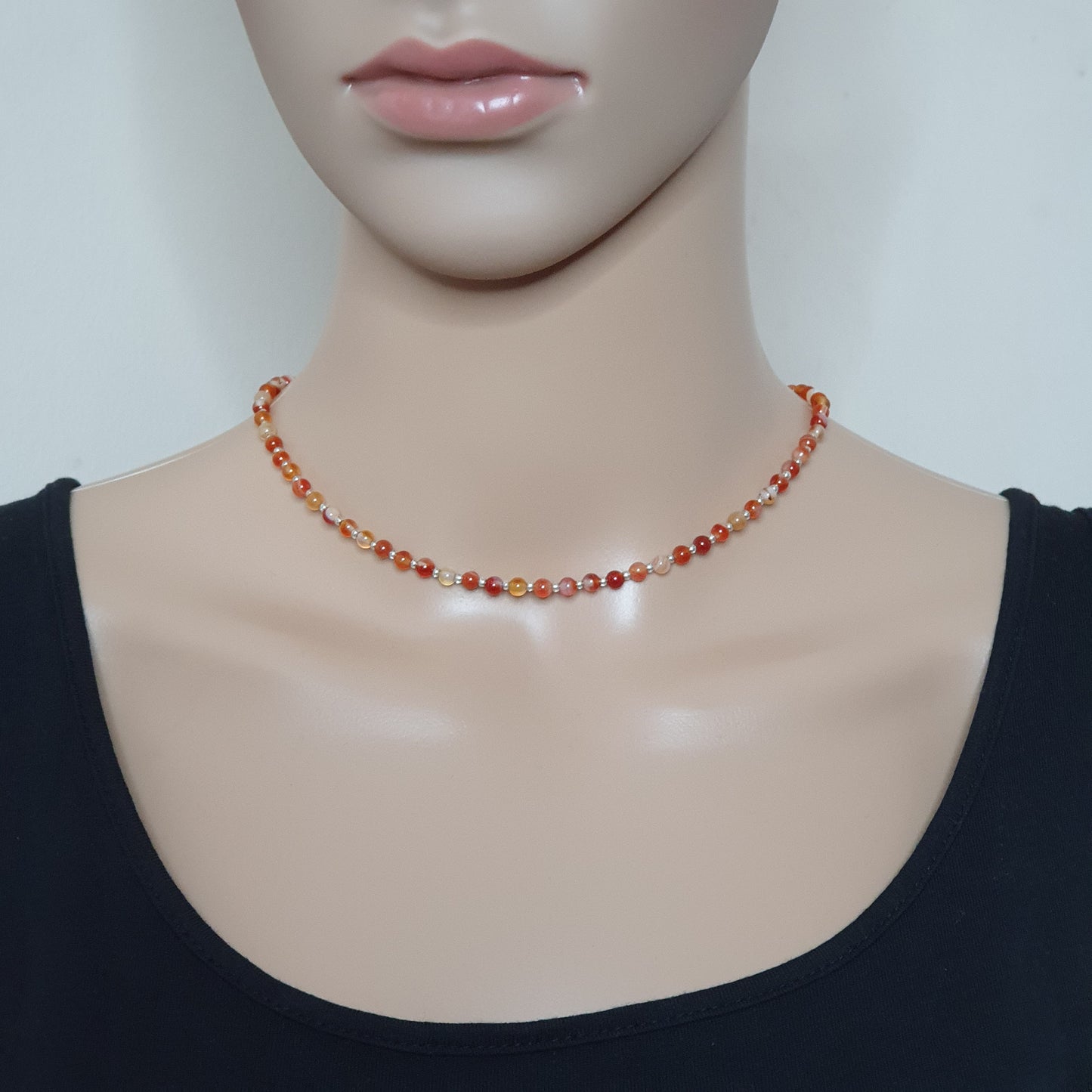 Burnt Orange Agate Beaded Collar Necklace Silver Plated