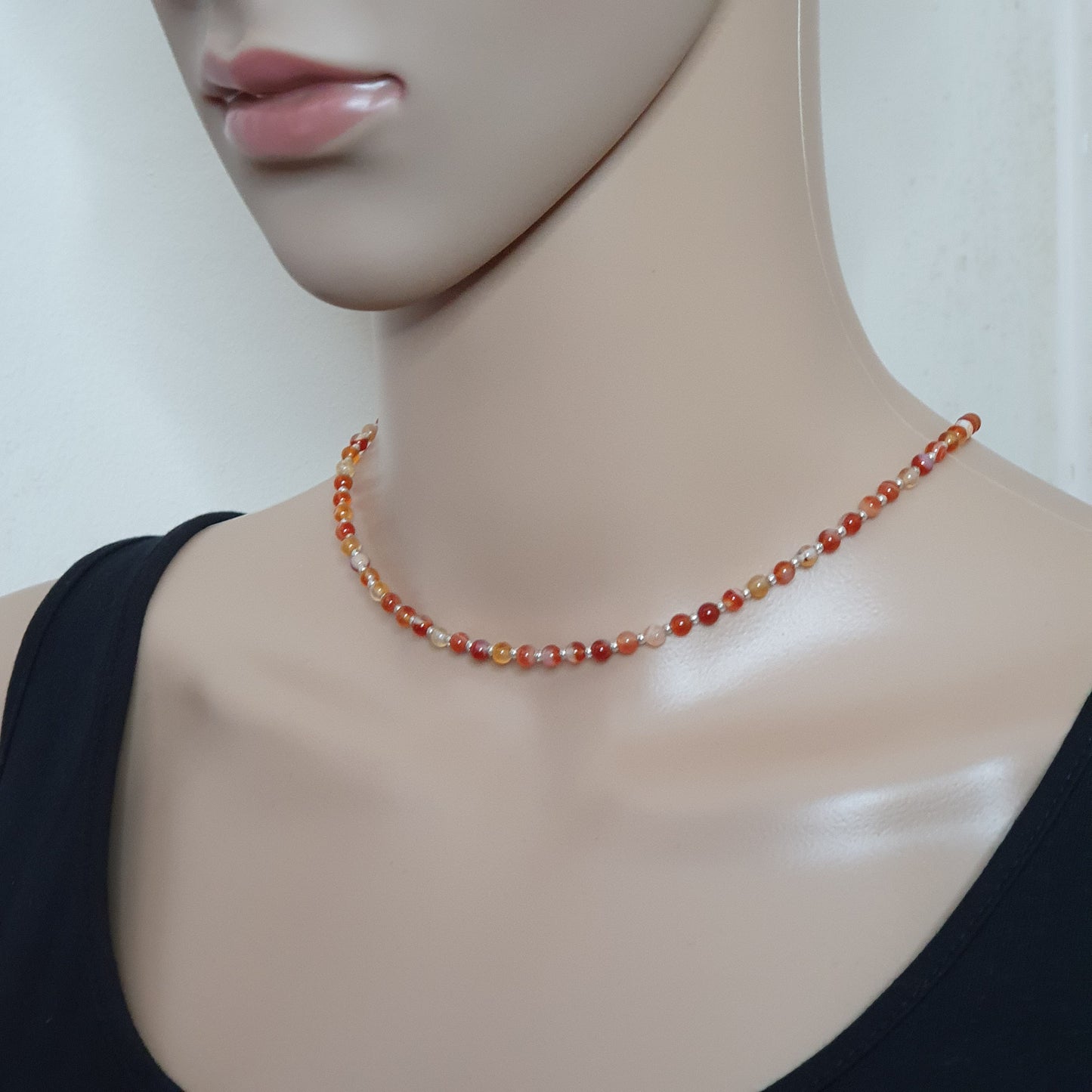 Burnt Orange Agate Beaded Collar Necklace Silver Plated