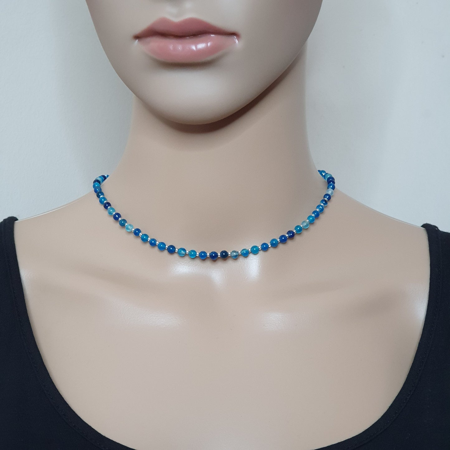 Blue Agate Beaded Collar Necklace Silver Plated