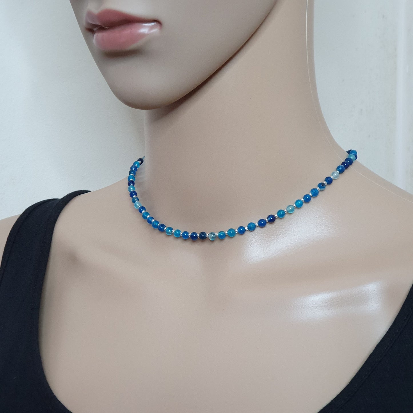 Blue Agate Beaded Collar Necklace Silver Plated