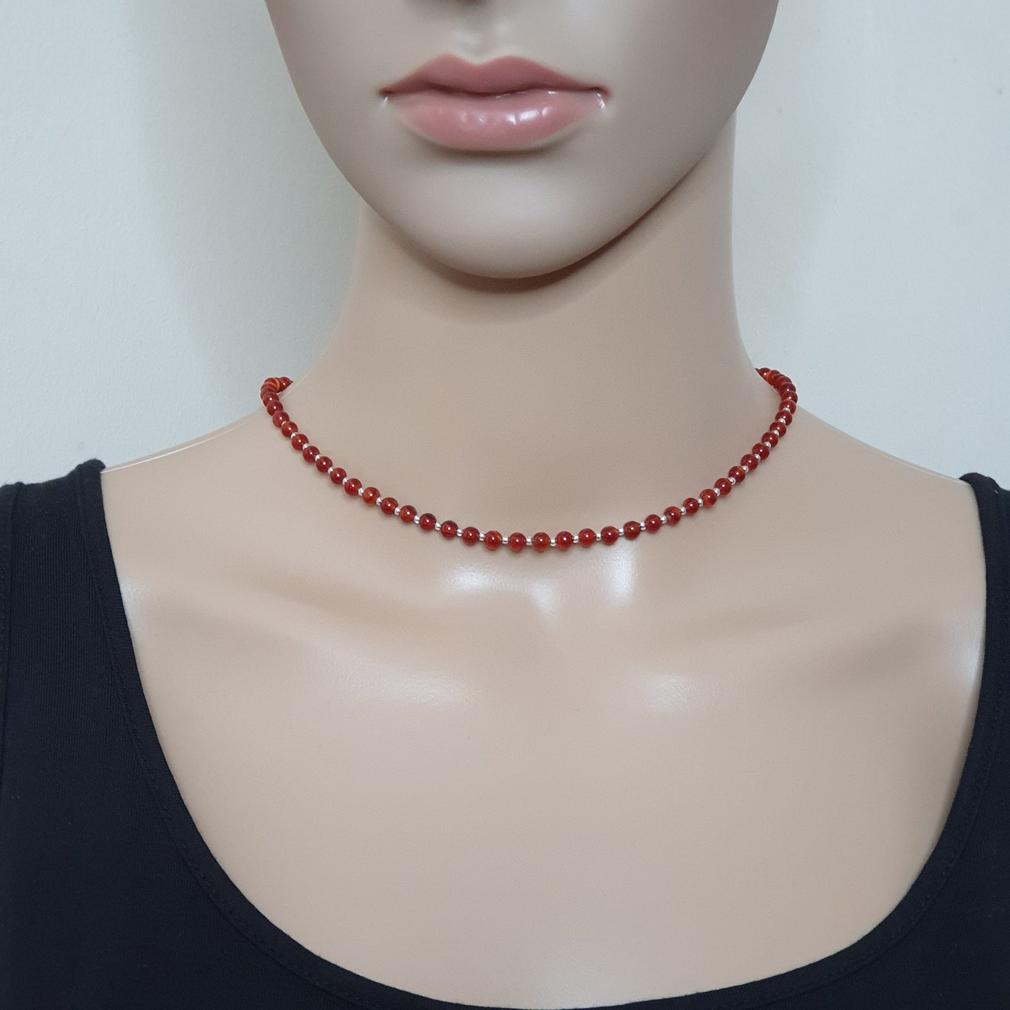 Beaded Carnelian Necklace Burnt Orange Gemstone Collar Silver Plated