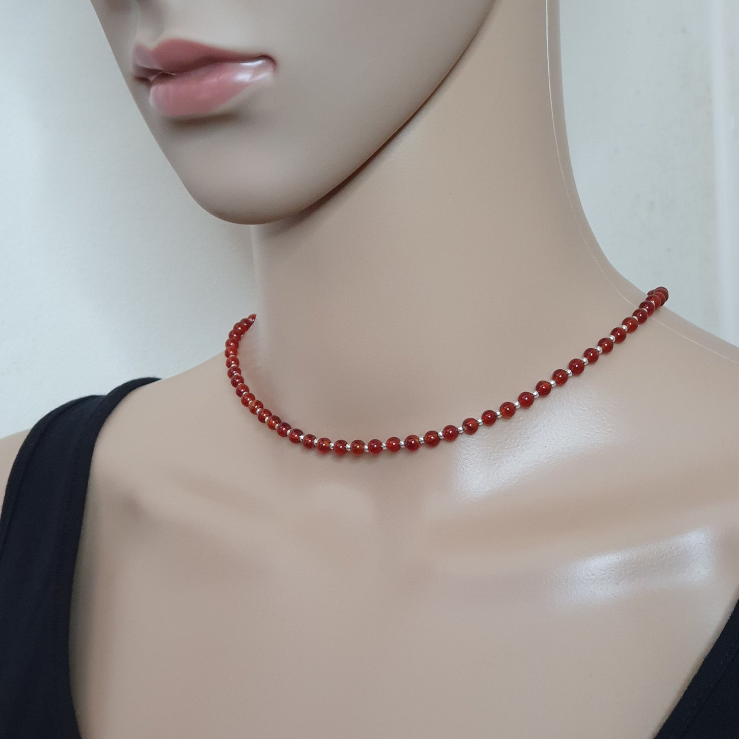 Beaded Carnelian Necklace Burnt Orange Gemstone Collar Silver Plated