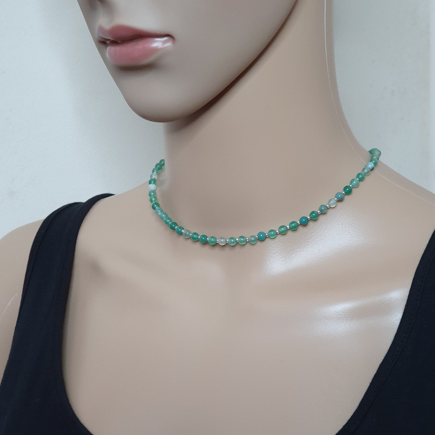 Green Agate Beaded Collar Necklace Silver Plated