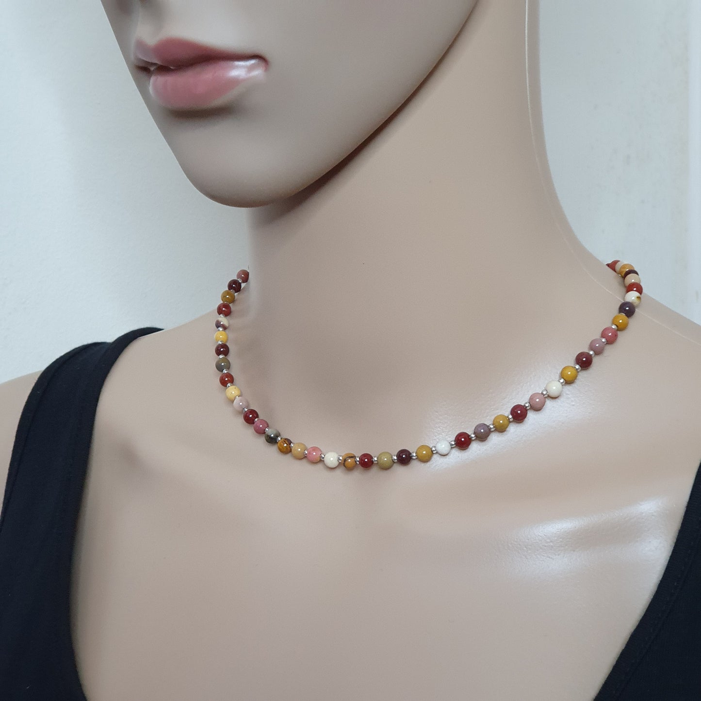 Colourful Mookaite Jasper Beaded Collar Necklace Silver Plated