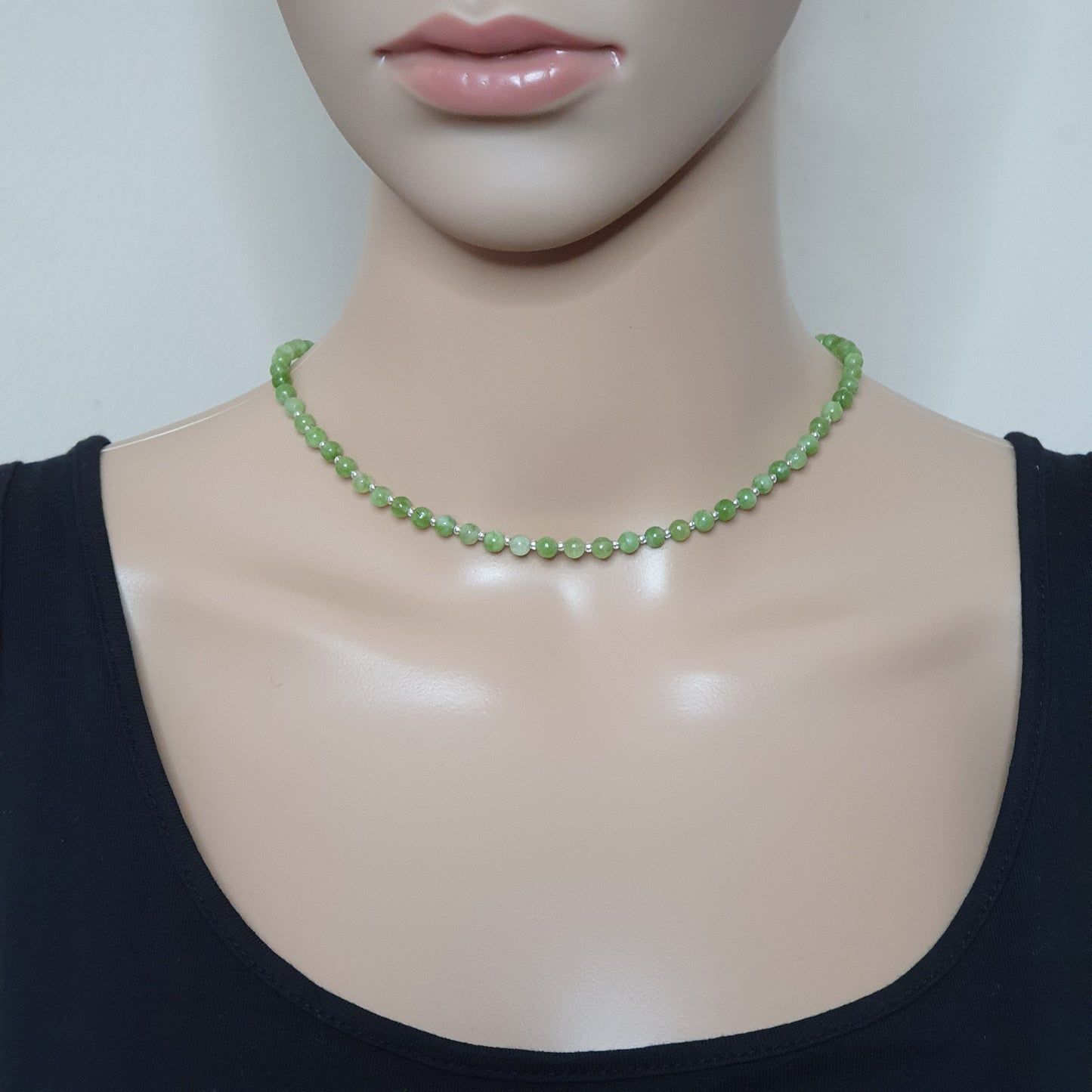 Olive Green Peridot Beaded Collar Necklace Silver Plated