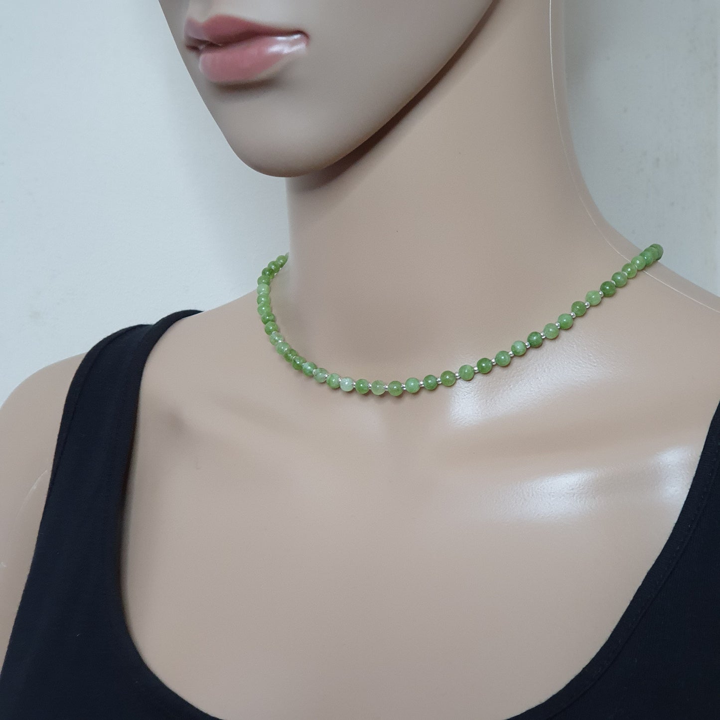 Olive Green Peridot Beaded Collar Necklace Silver Plated