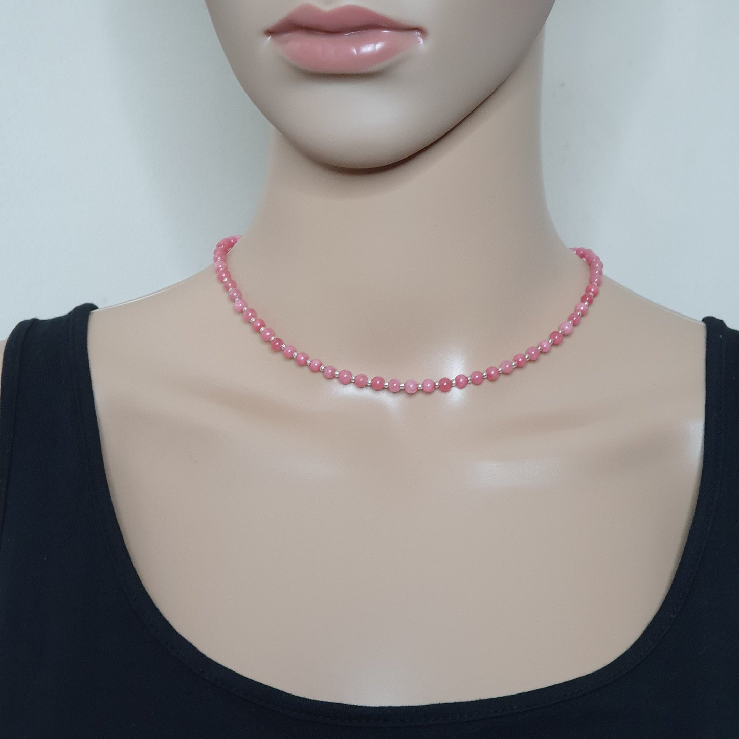 Pink Rhodochrosite Beaded Collar Necklace Silver Plated