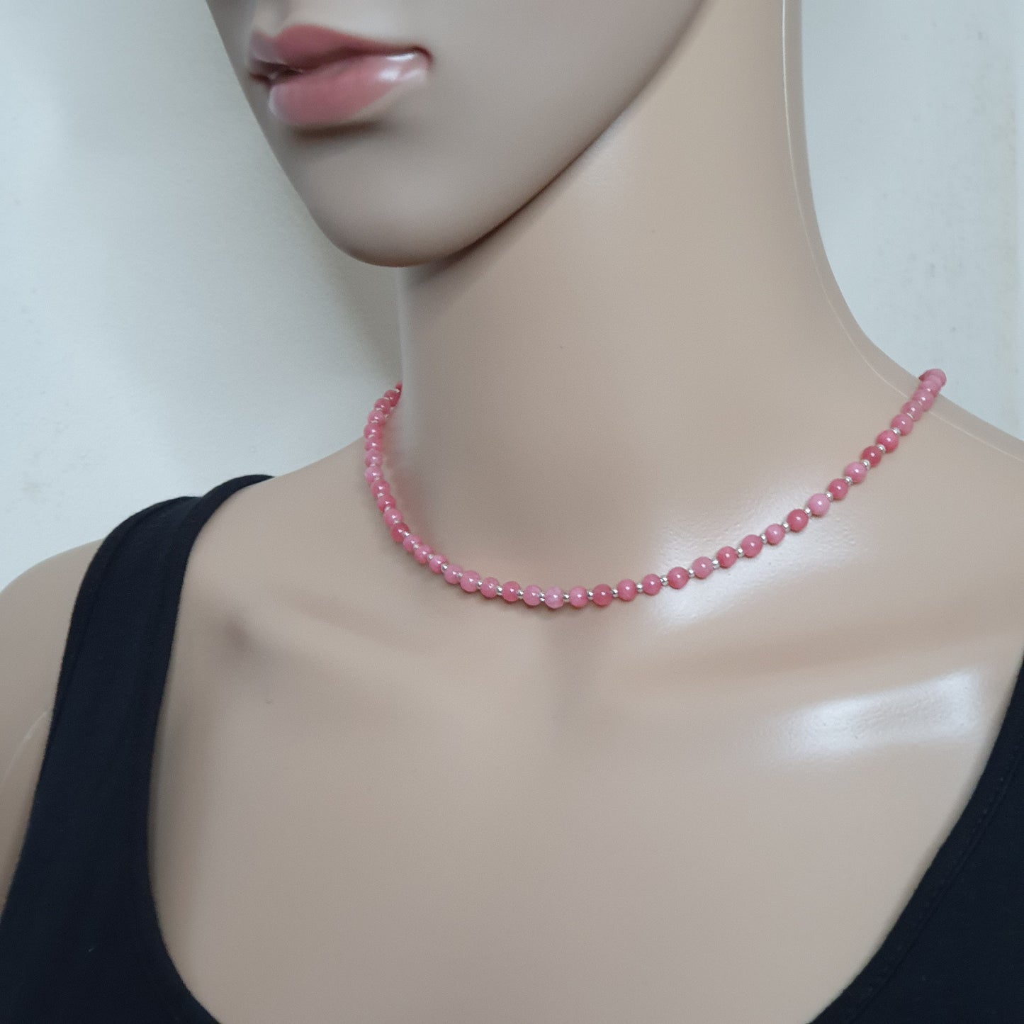 Pink Rhodochrosite Beaded Collar Necklace Silver Plated