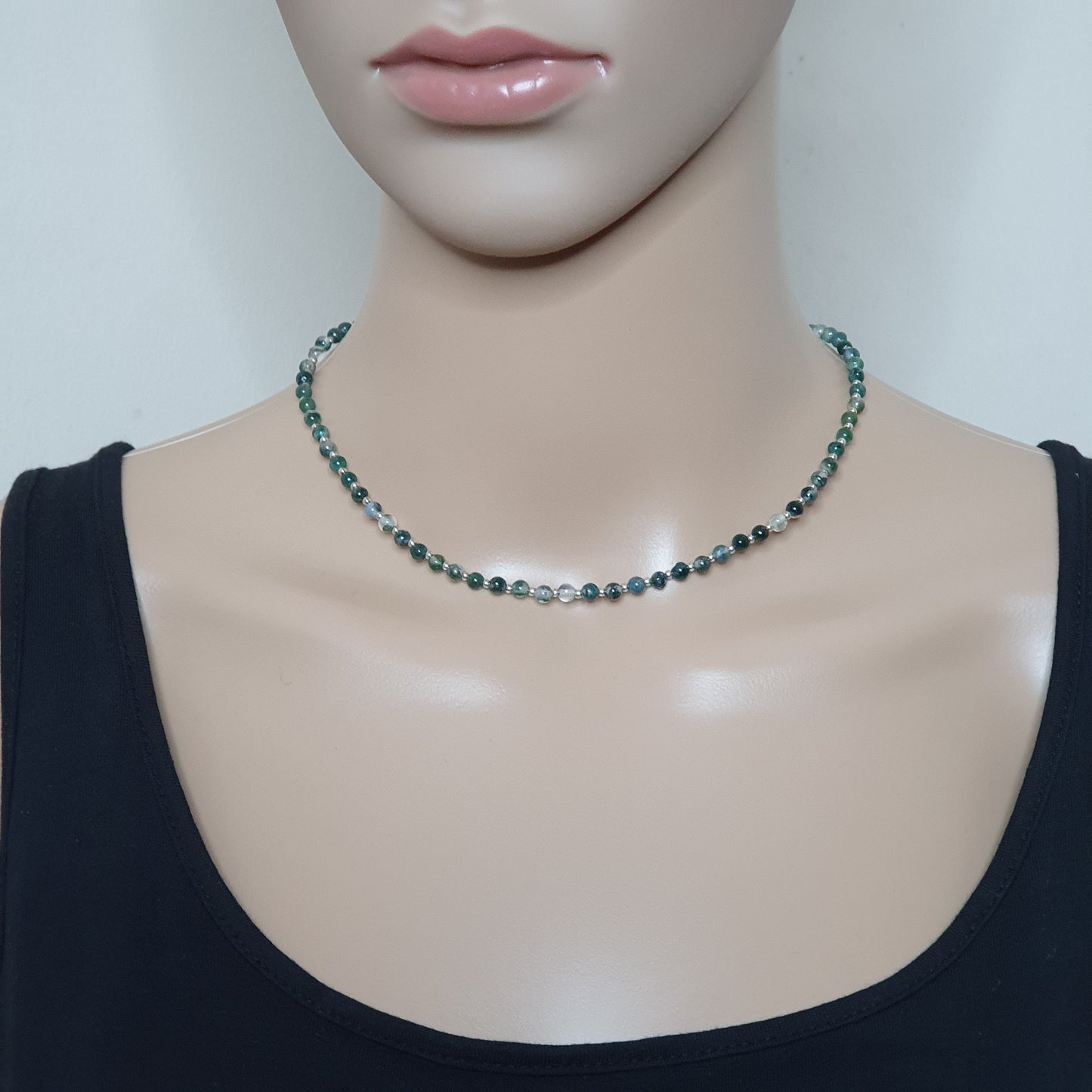 Green Moss Agate Beaded Collar Necklace Silver Plated