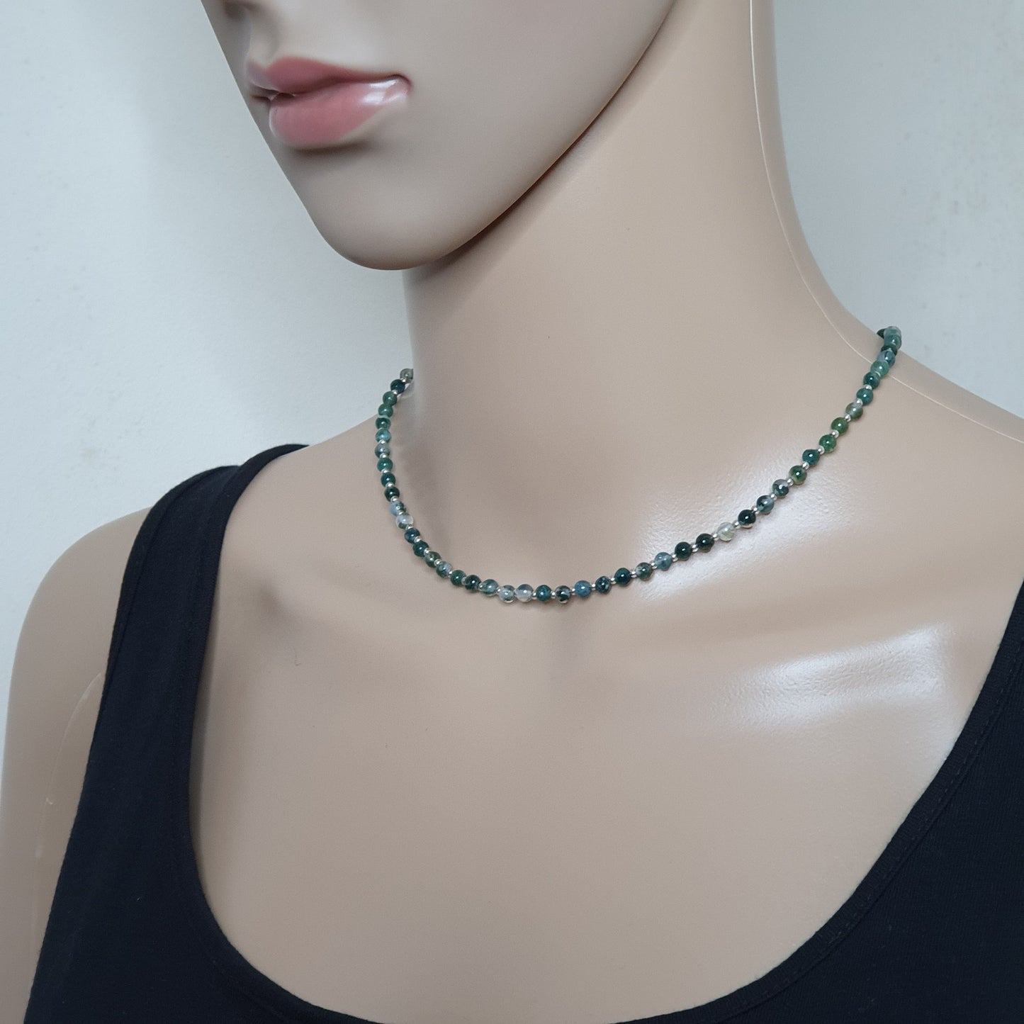 Green Moss Agate Beaded Collar Necklace Silver Plated