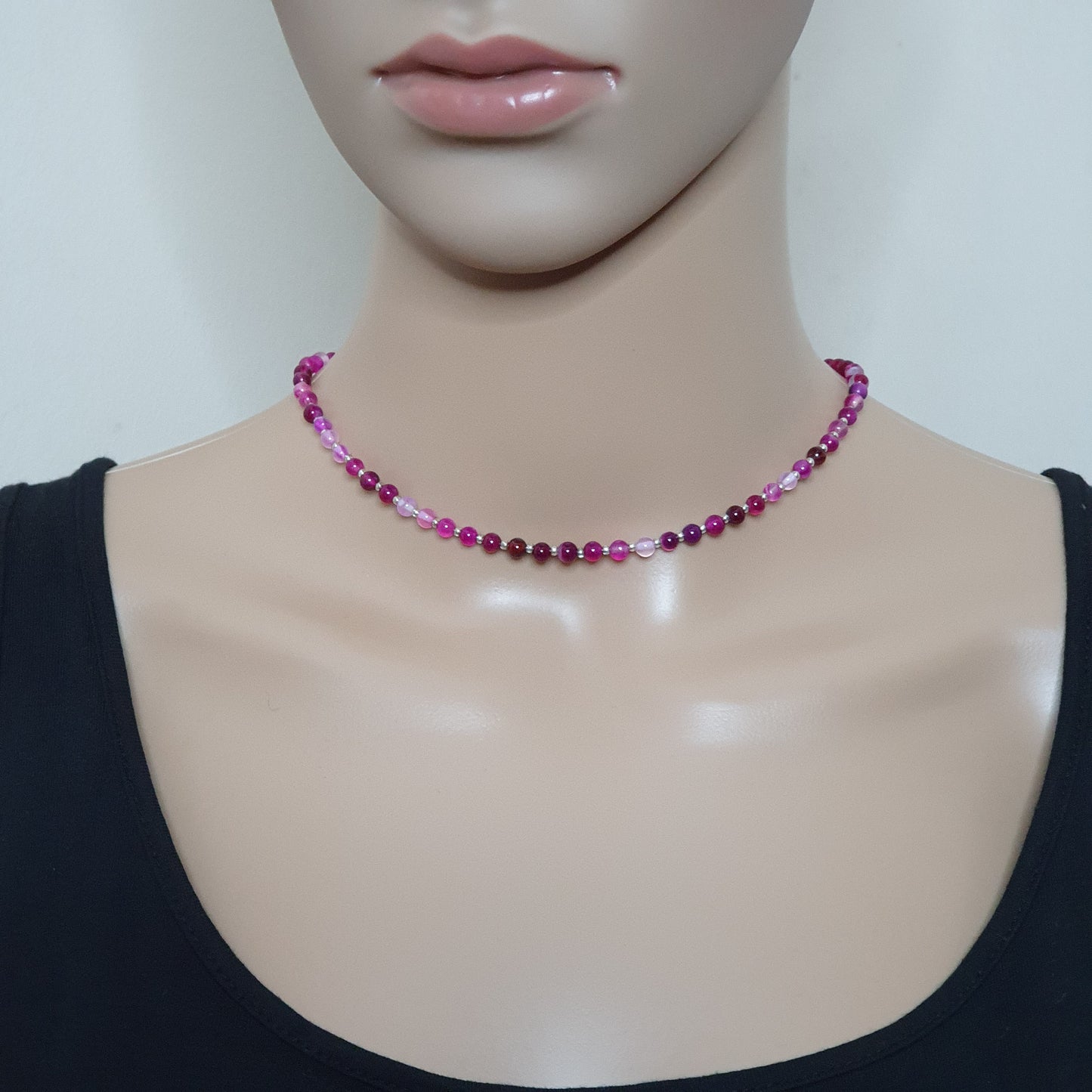 Rose Red Agate Beaded Collar Necklace Silver Plated