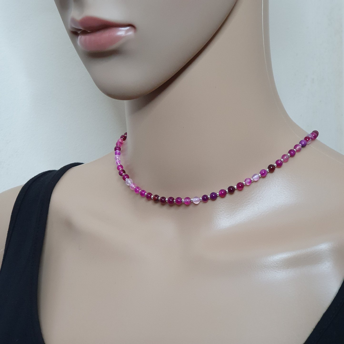 Rose Red Agate Beaded Collar Necklace Silver Plated