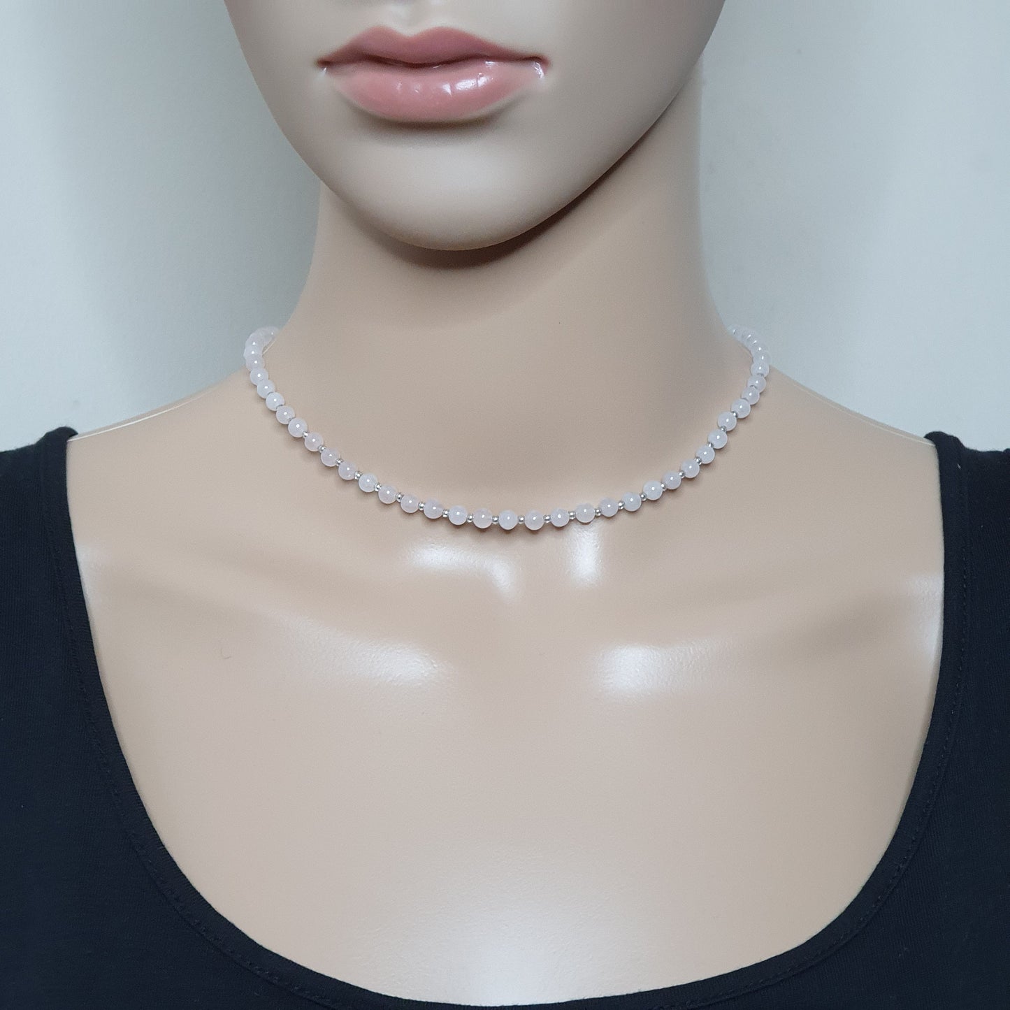 Pink Rose Quartz Beaded Collar Necklace Silver Plated