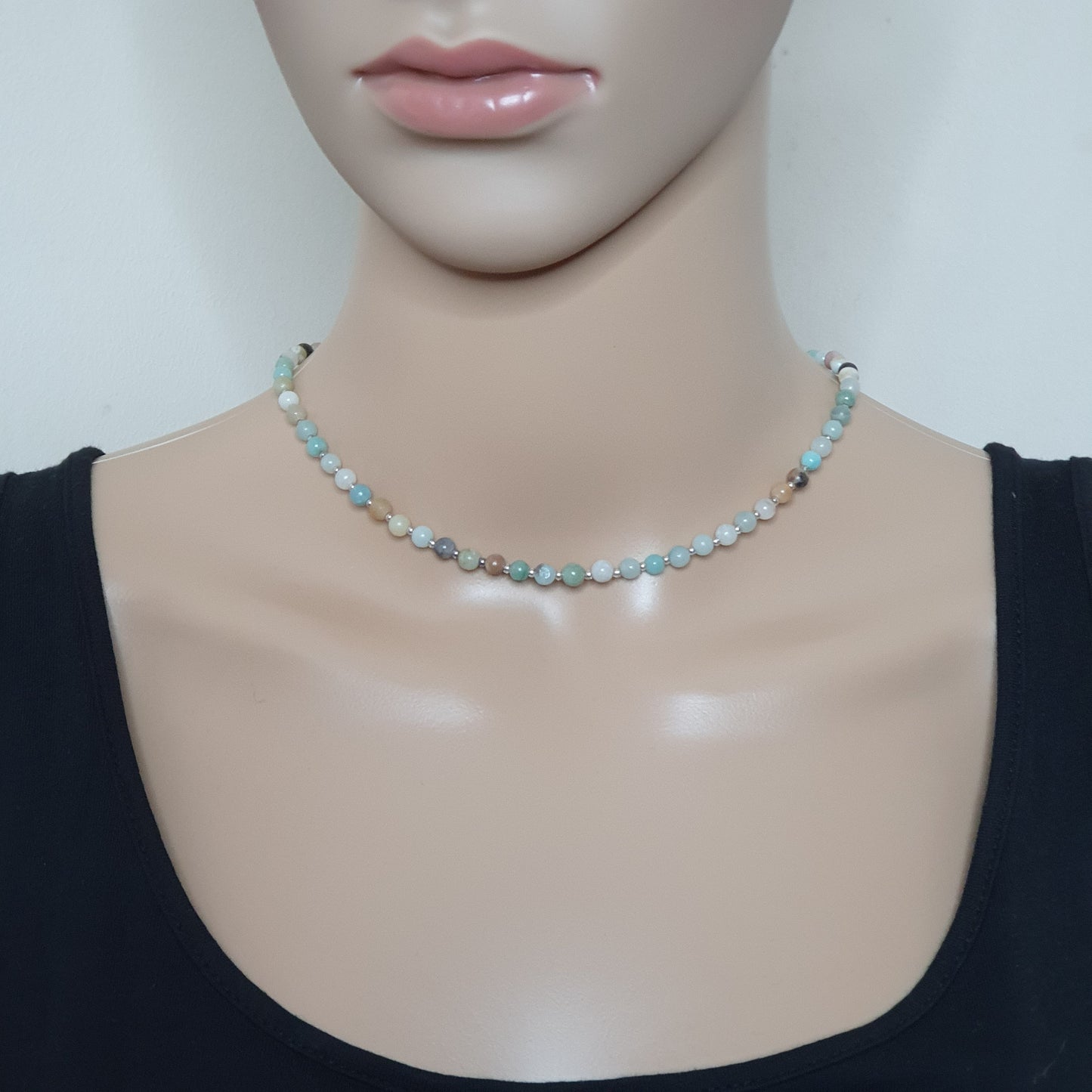 Natural Amazonite Beaded Necklace Gemstone Collar Adjustable Silver Plated