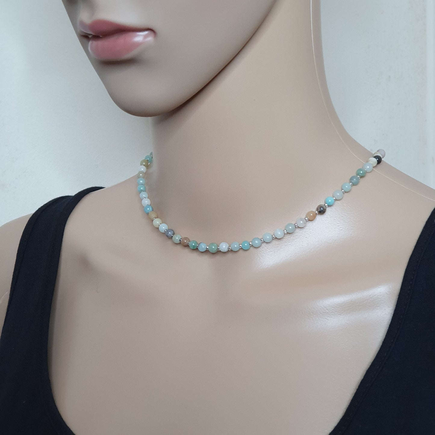 Natural Amazonite Beaded Necklace Gemstone Collar Adjustable Silver Plated