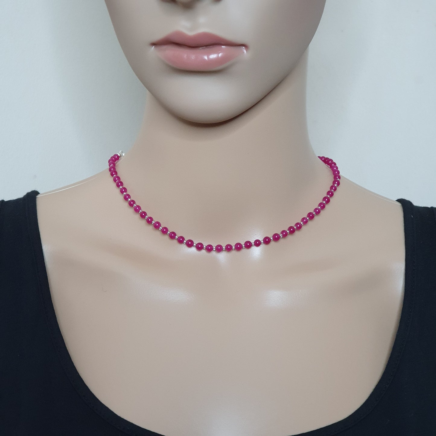 Hot Pink Chalcedony Beaded Collar Boho Necklace Silver Plated