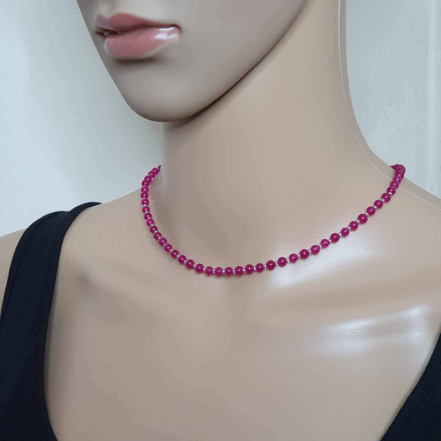 Hot Pink Chalcedony Beaded Collar Boho Necklace Silver Plated