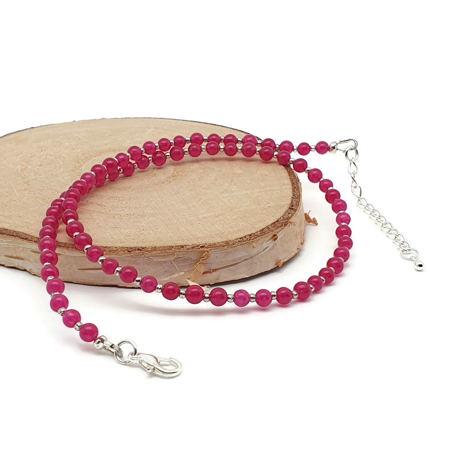 Hot Pink Chalcedony Beaded Collar Boho Necklace Silver Plated