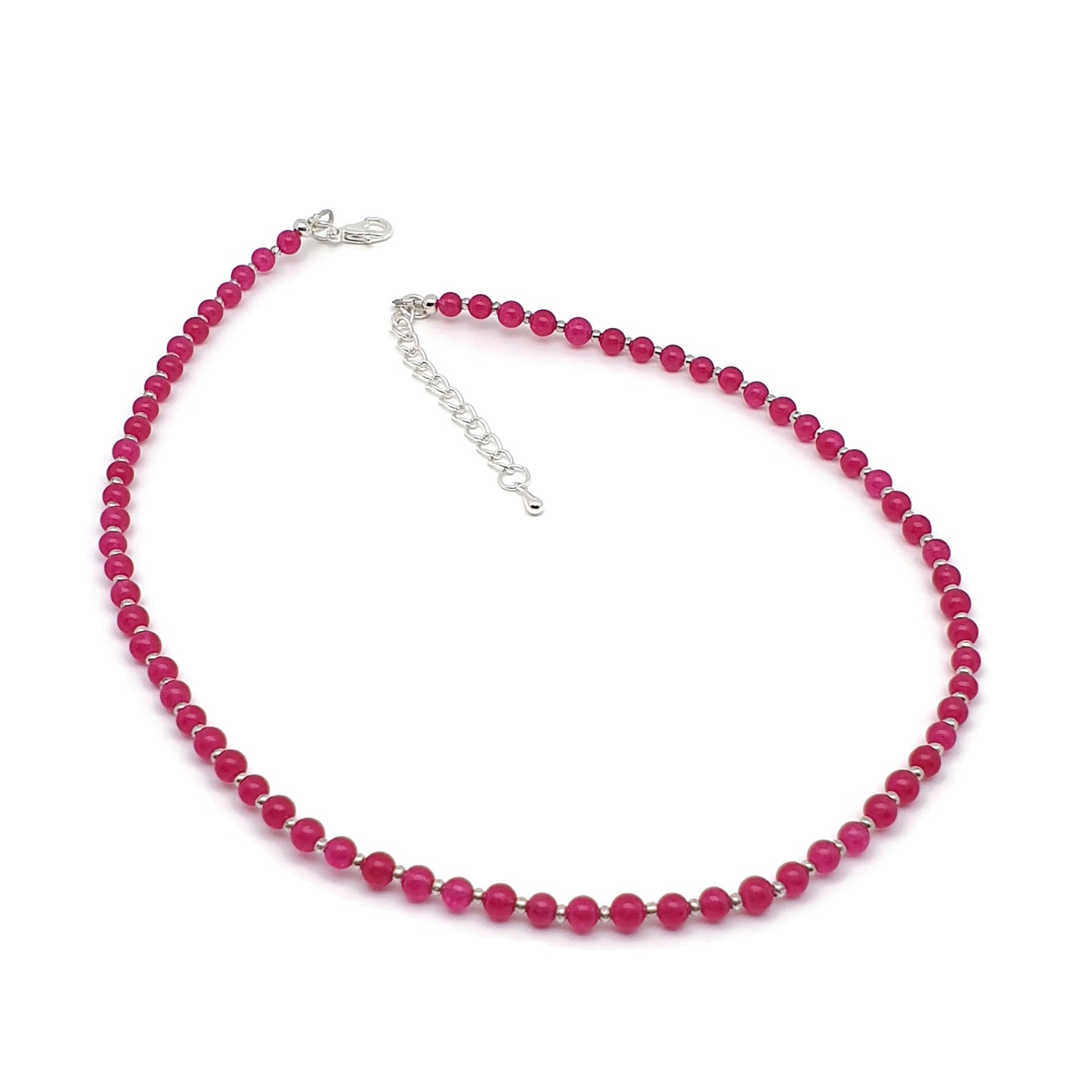 Hot Pink Chalcedony Beaded Collar Boho Necklace Silver Plated