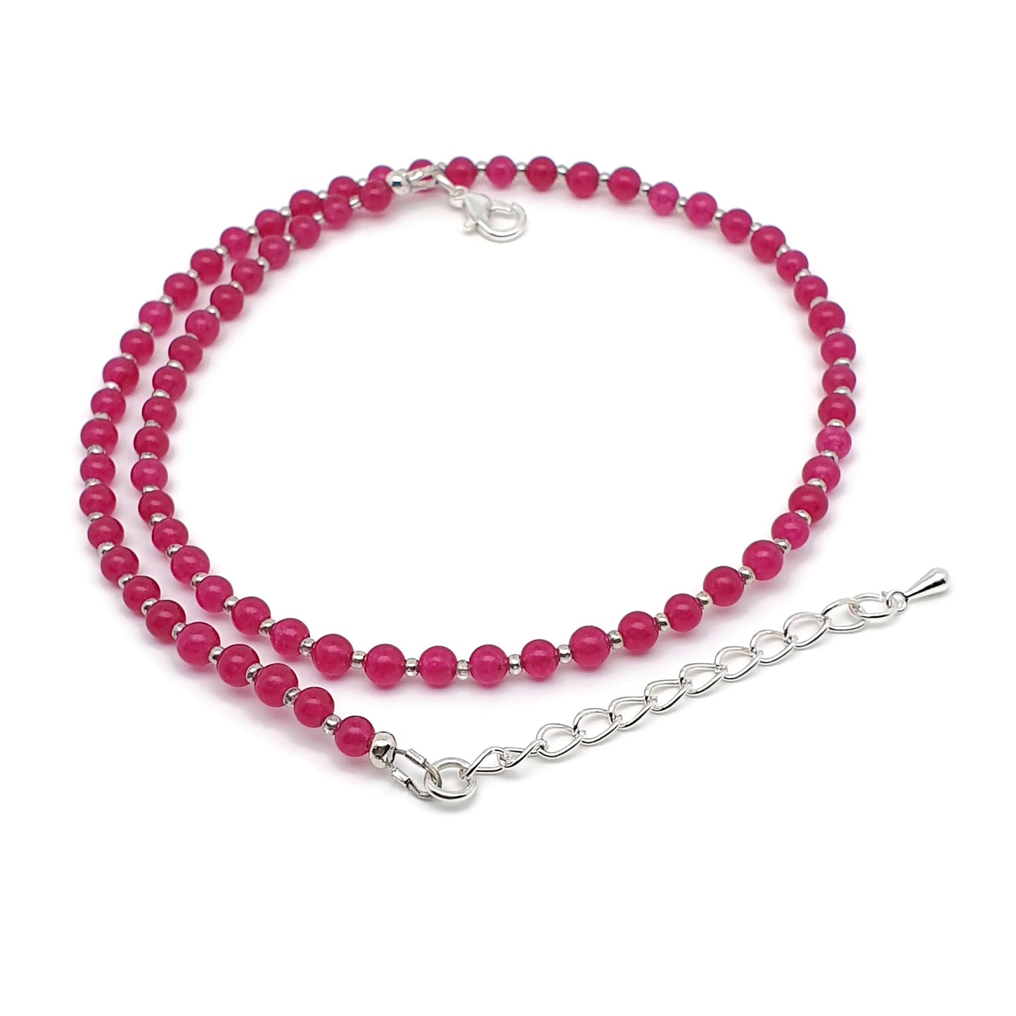 Hot Pink Chalcedony Beaded Collar Boho Necklace Silver Plated