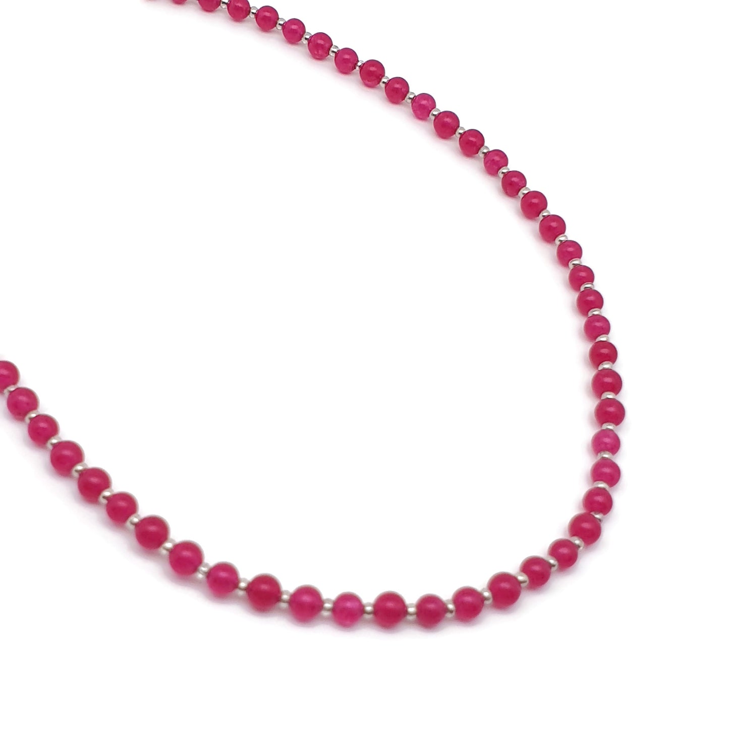 Hot Pink Chalcedony Beaded Collar Boho Necklace Silver Plated