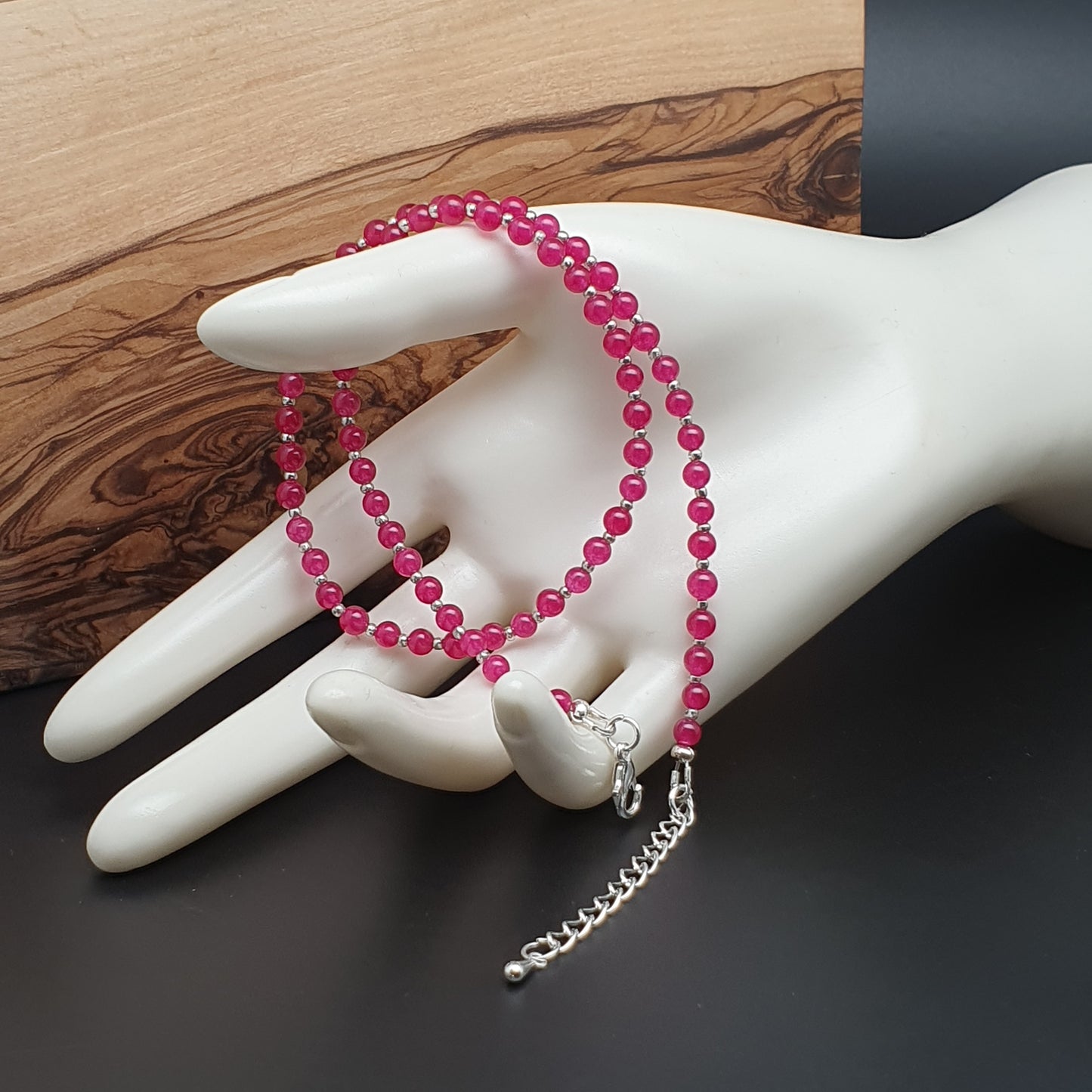 Hot Pink Chalcedony Beaded Collar Boho Necklace Silver Plated