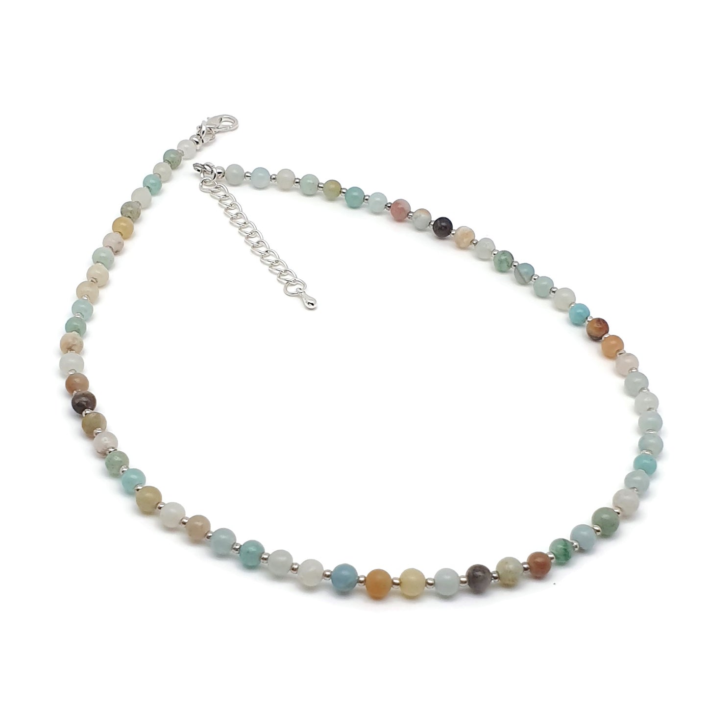 Natural Amazonite Beaded Necklace Gemstone Collar Adjustable Silver Plated