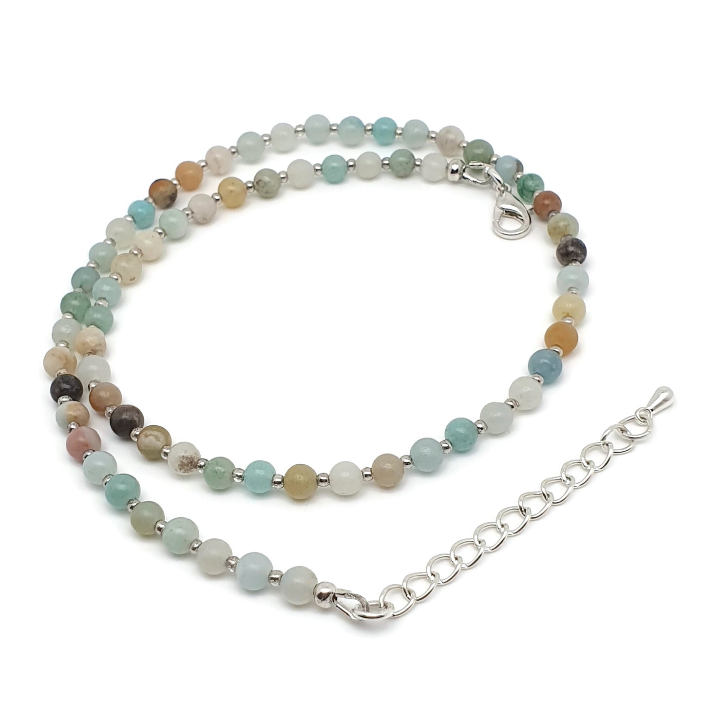 Natural Amazonite Beaded Necklace Gemstone Collar Adjustable Silver Plated