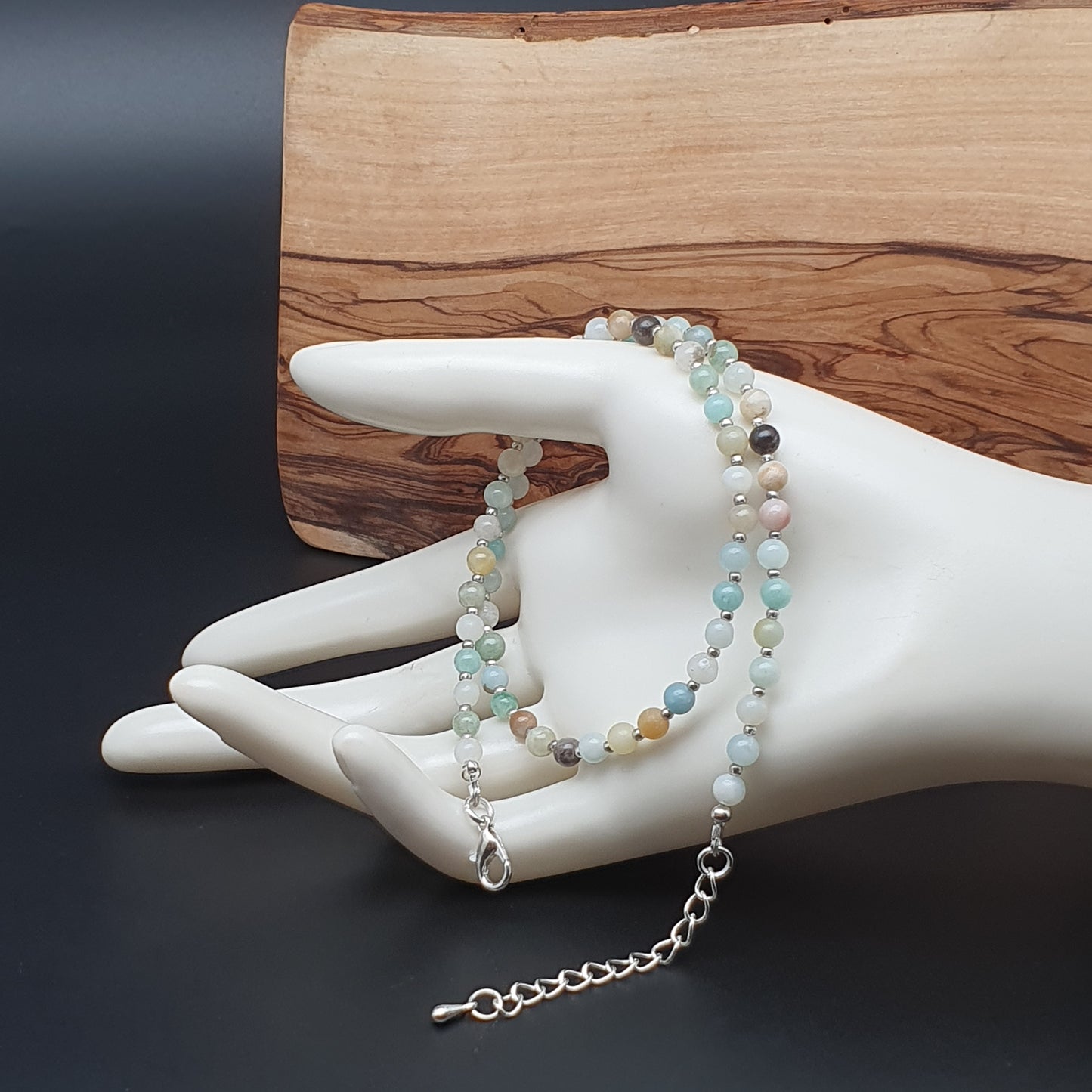 Natural Amazonite Beaded Necklace Gemstone Collar Adjustable Silver Plated