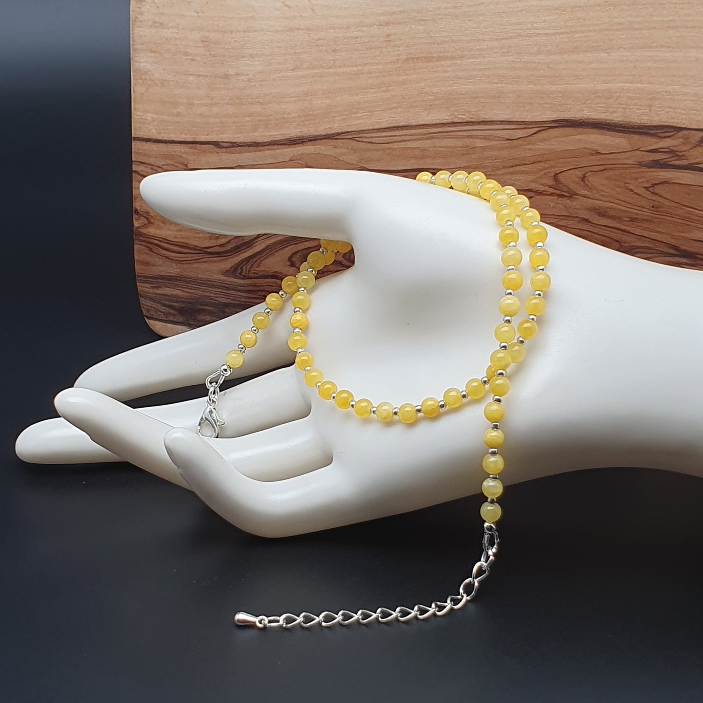 Yellow Chalcedony Beaded Collar Necklace Silver Plated