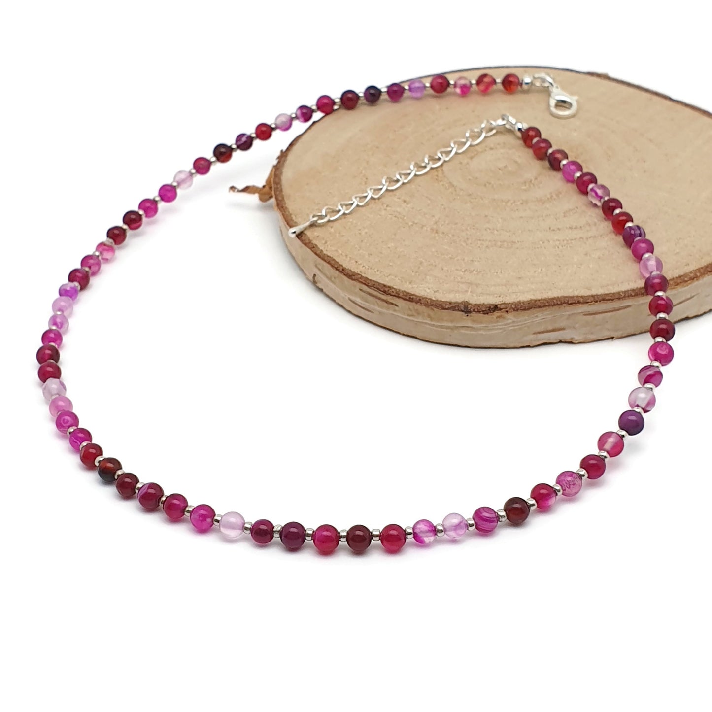 Rose Red Agate Beaded Collar Necklace Silver Plated