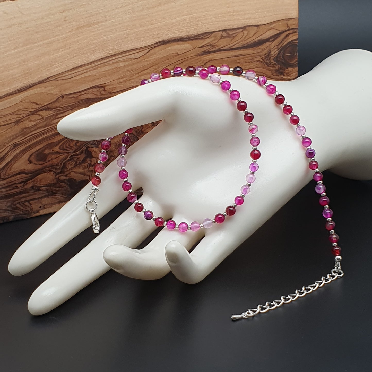 Rose Red Agate Beaded Collar Necklace Silver Plated