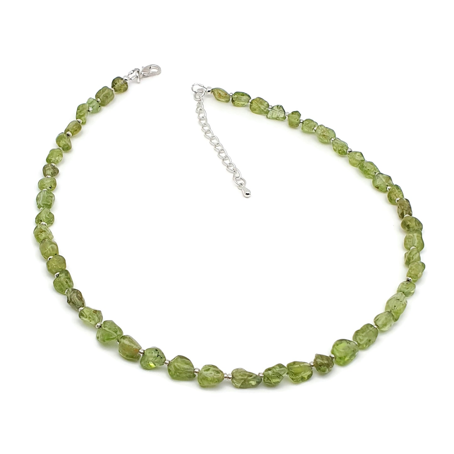 Olive Green Peridot Beaded Nuggets Collar Necklace Silver Plated