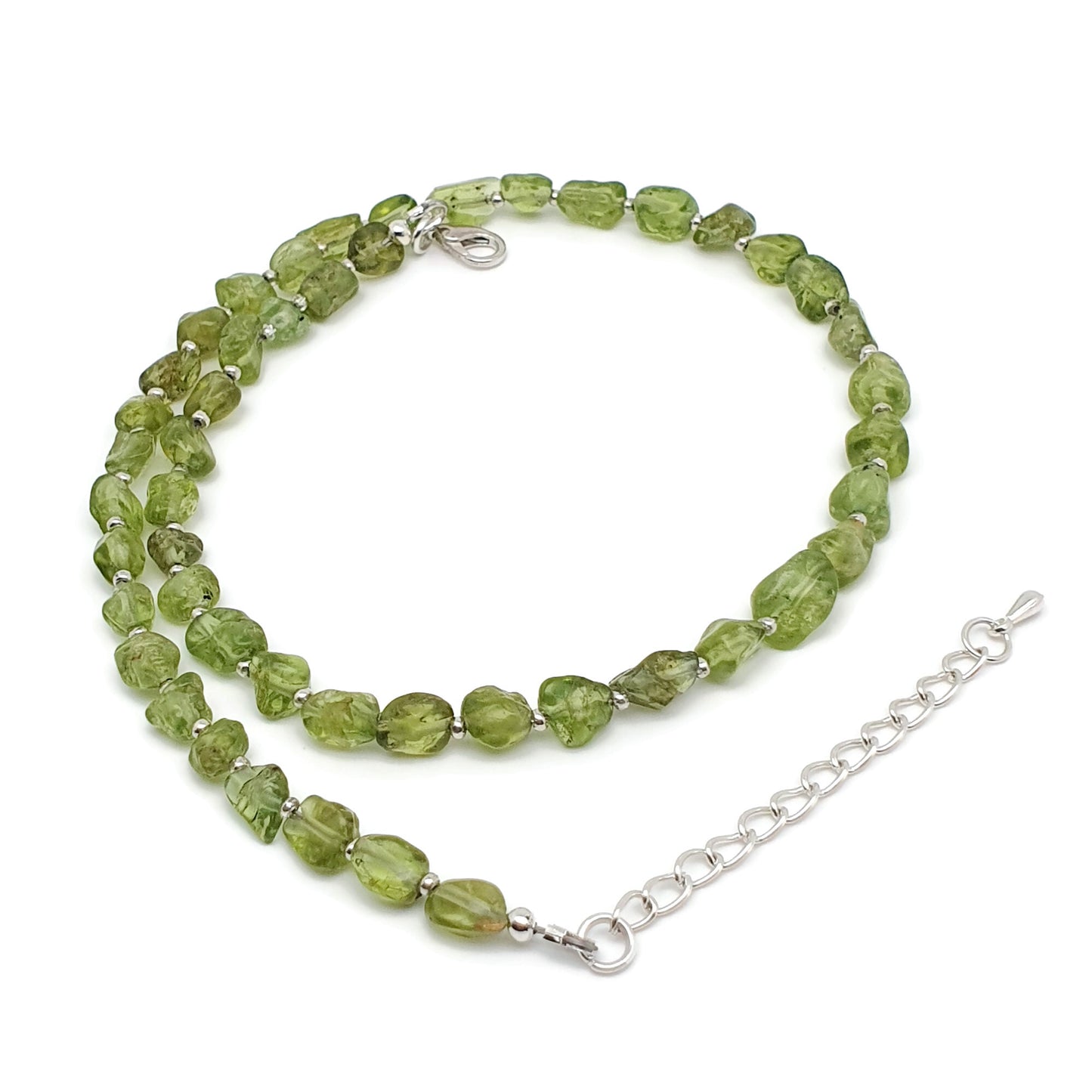 Olive Green Peridot Beaded Nuggets Collar Necklace Silver Plated