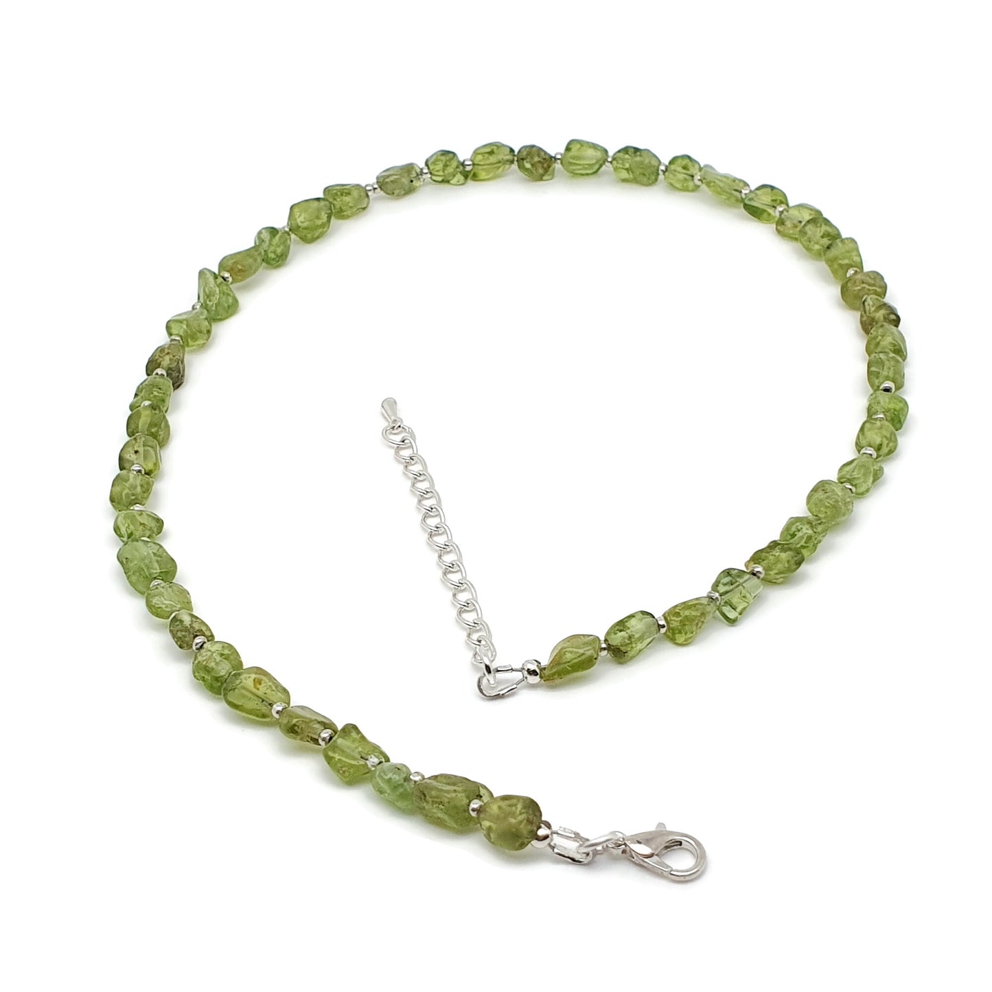 Olive Green Peridot Beaded Nuggets Collar Necklace Silver Plated