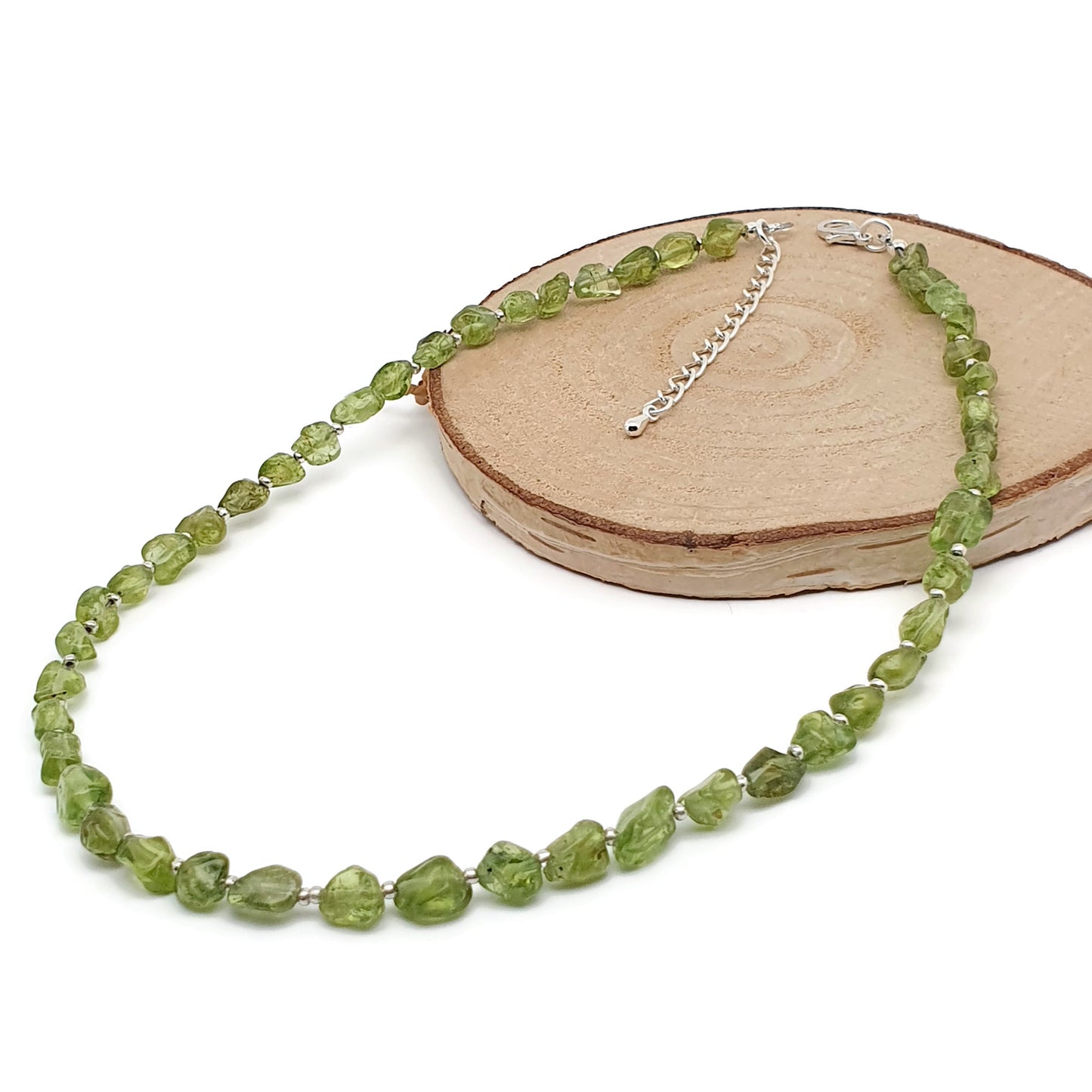 Olive Green Peridot Beaded Nuggets Collar Necklace Silver Plated