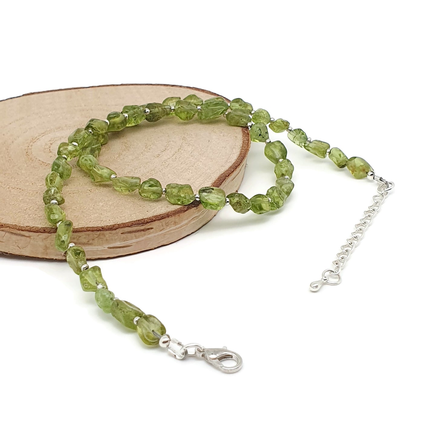 Olive Green Peridot Beaded Nuggets Collar Necklace Silver Plated