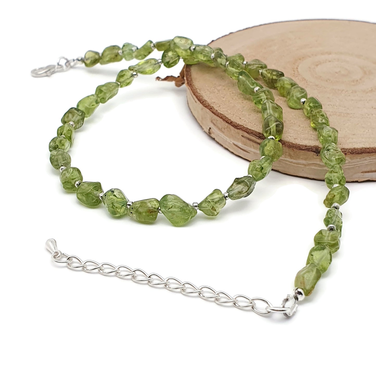 Olive Green Peridot Beaded Nuggets Collar Necklace Silver Plated