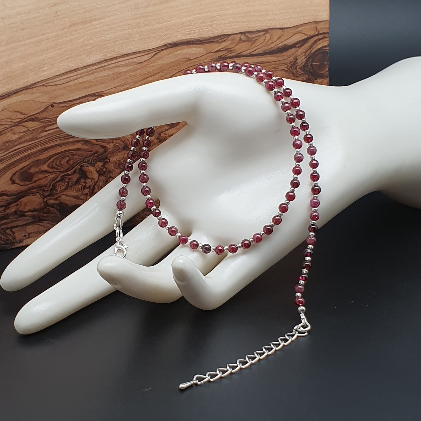 Red Garnet Beaded Necklace Adjustable 16 inch Collar Silver Plated